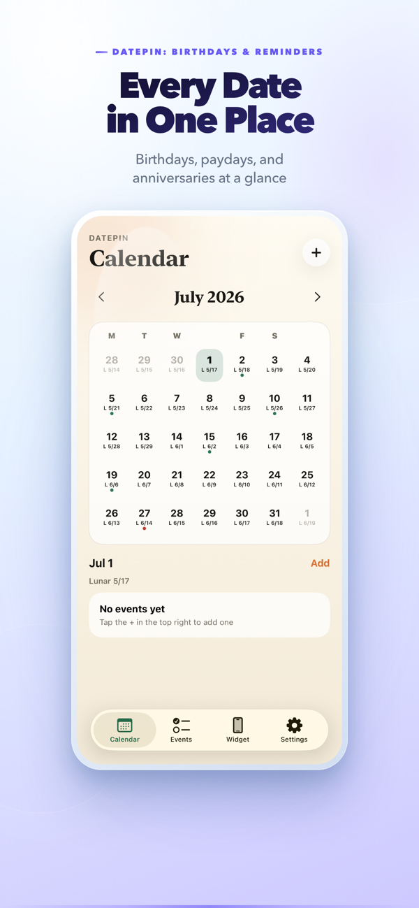 DatePin calendar with birthdays and reminders