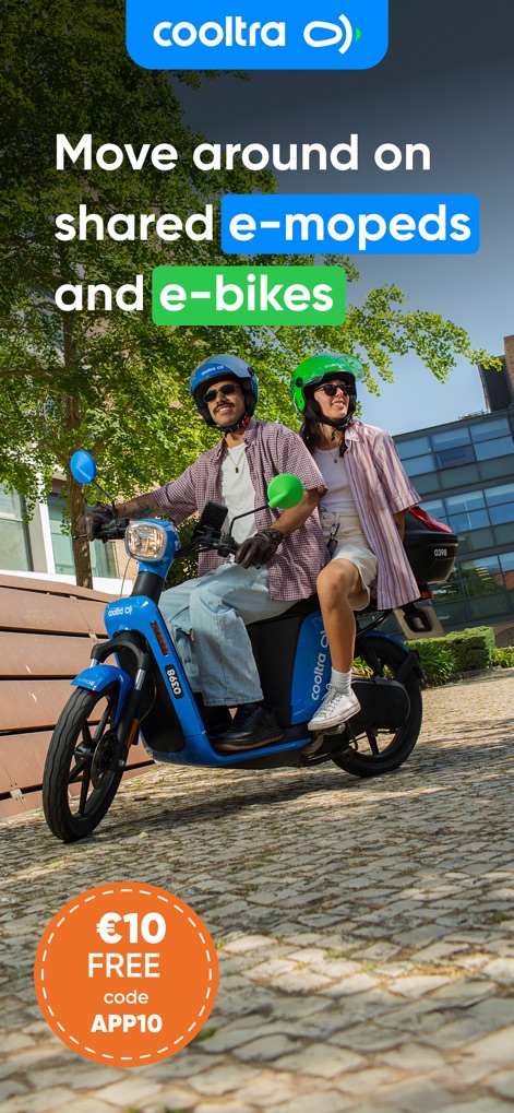 Cooltra: E-moped rentals - The app showcases convenient shared e-mopeds and e-bikes, highlighting a generous €10 free credit promotion for new users.
