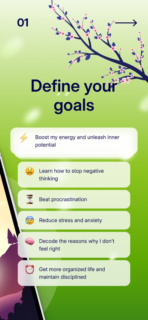 Liven: Discover yourself - Users can precisely define their aspirations through a list of clear objectives, such as 'Boost my energy and unleash inner potential', and engaging emoji icons, guiding their personal growth path.