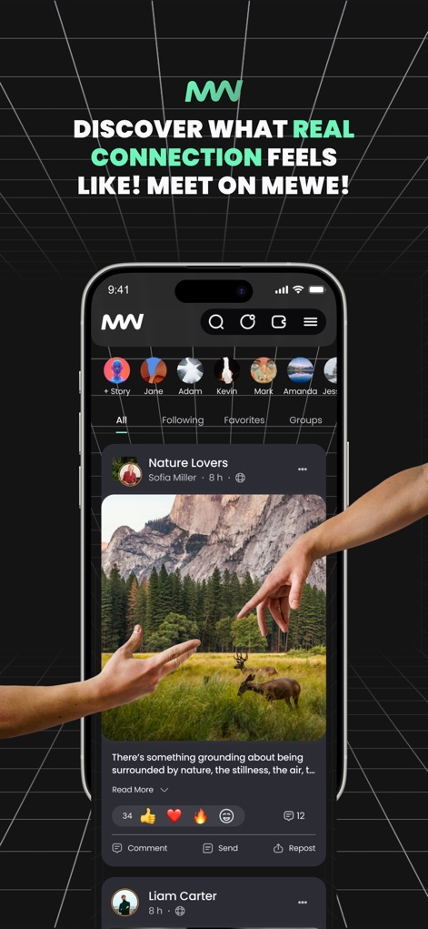 mewe: The Safe Network - Explore the app's vibrant community feed, showcasing how users connect through shared interests like the 'Nature Lovers' group and engage with posts using accessible comment and repost functionalities.