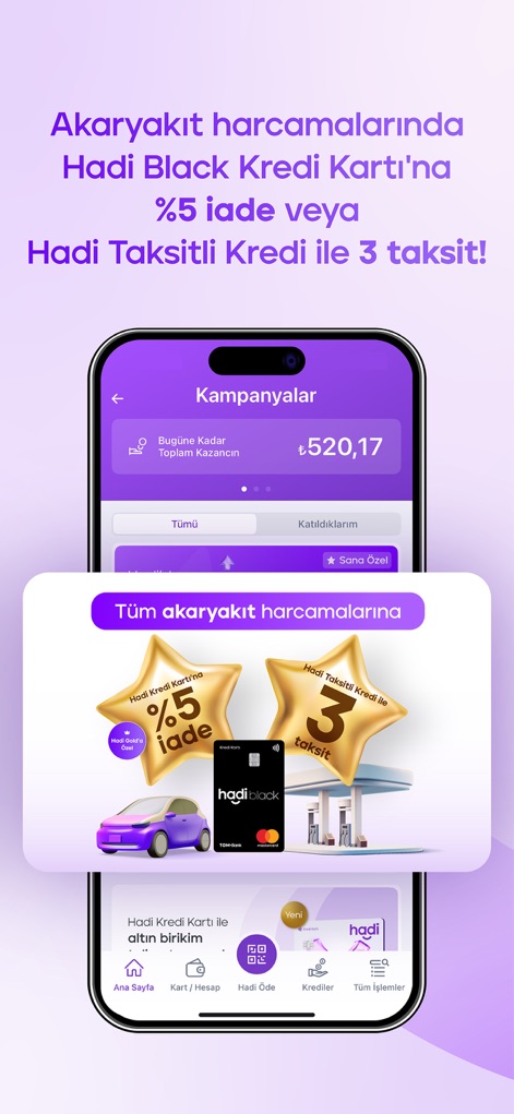 TOM Bank Hadi - Uncover specialized benefits for fuel expenditures, featuring a 5% cashback offer and convenient installment options illustrated with car and pump icons.