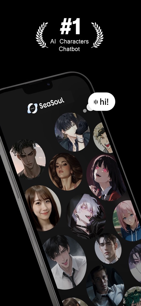 Sea Soul - Users can explore a vibrant selection of diverse circular character avatars and initiate engaging conversations with a friendly 'hi!' speech bubble.