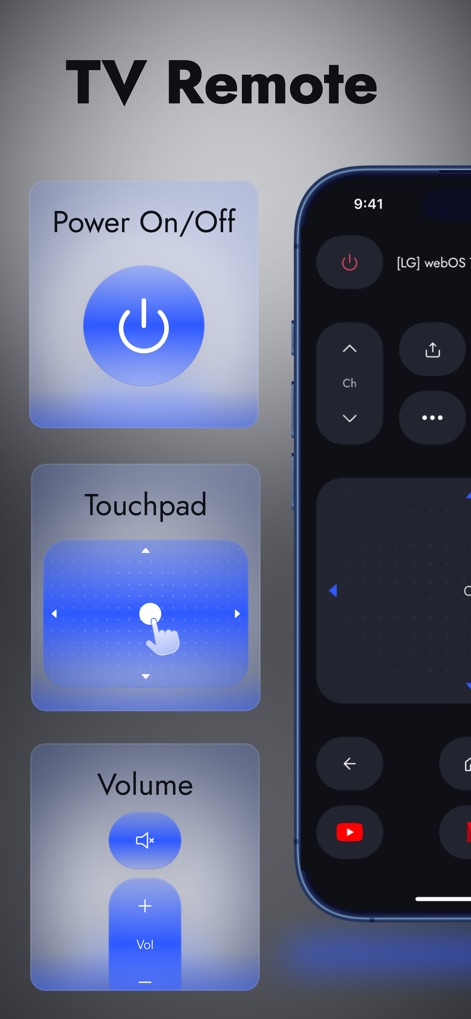 Universal TV Remote Control . - Discover the app's streamlined interface featuring essential controls like Power On/Off and the responsive Touchpad for seamless navigation.