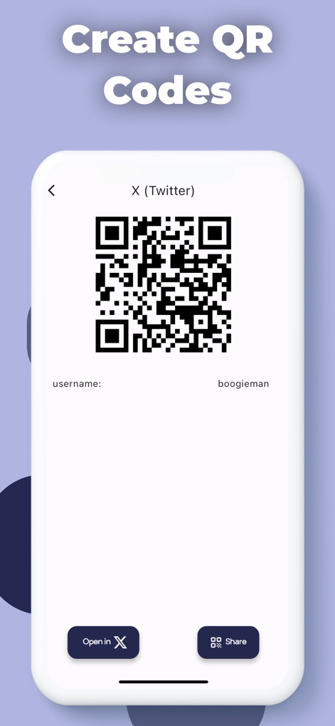 QR Code Reader App - ScanQR - Les utilisateurs peuvent générer des codes QR personnalisés pour leurs plateformes sociales, tel que celui pour X (Twitter), et les partager directement via les boutons d'action.