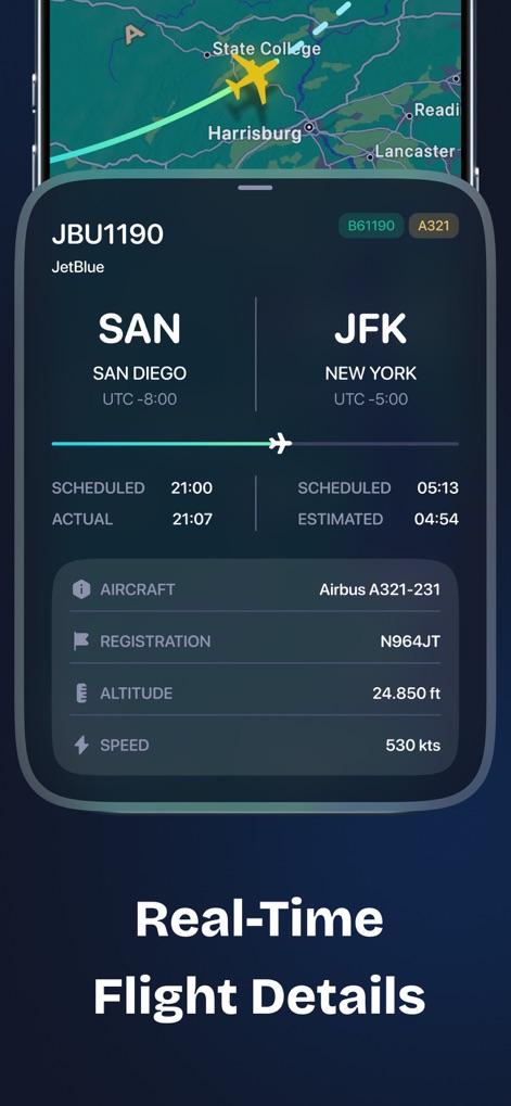 Sky Radar: Live Flights - Users can access precise flight details, including scheduled and estimated times, alongside specific aircraft type and speed.