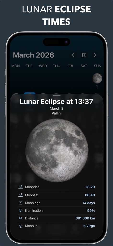 Lunar - Moon Phase & Widgets - L'app fornisce previsioni dettagliate delle eclissi, inclusi l'orario specifico dell'evento e la percentuale di "illumination" prevista.