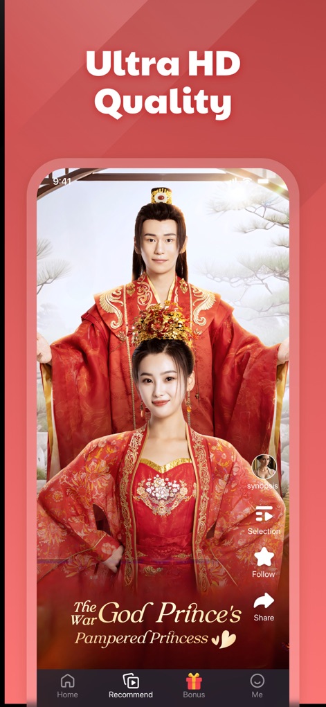 Crazy Popcorn - Short Drama - This screenshot highlights the app's commitment to visual excellence with "Ultra HD Quality" content and offers immediate engagement through options like "Synopsis" and "Share" directly on the video player.