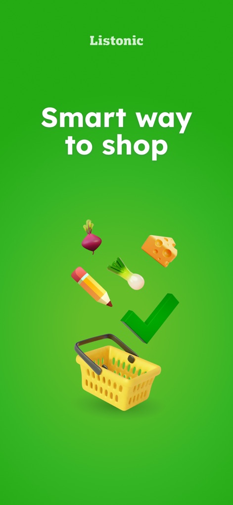 Grocery List - Listonic - The app transforms the shopping experience into a 'Smart way to shop', symbolized by the efficient shopping basket and prominent checkmark icon.