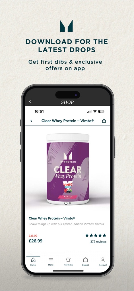 Myprotein: Fitness & Nutrition - The app provides access to the latest product drops and exclusive app-only offers, clearly displaying product details like "Clear Whey Protein – Vimto®" and competitive pricing.