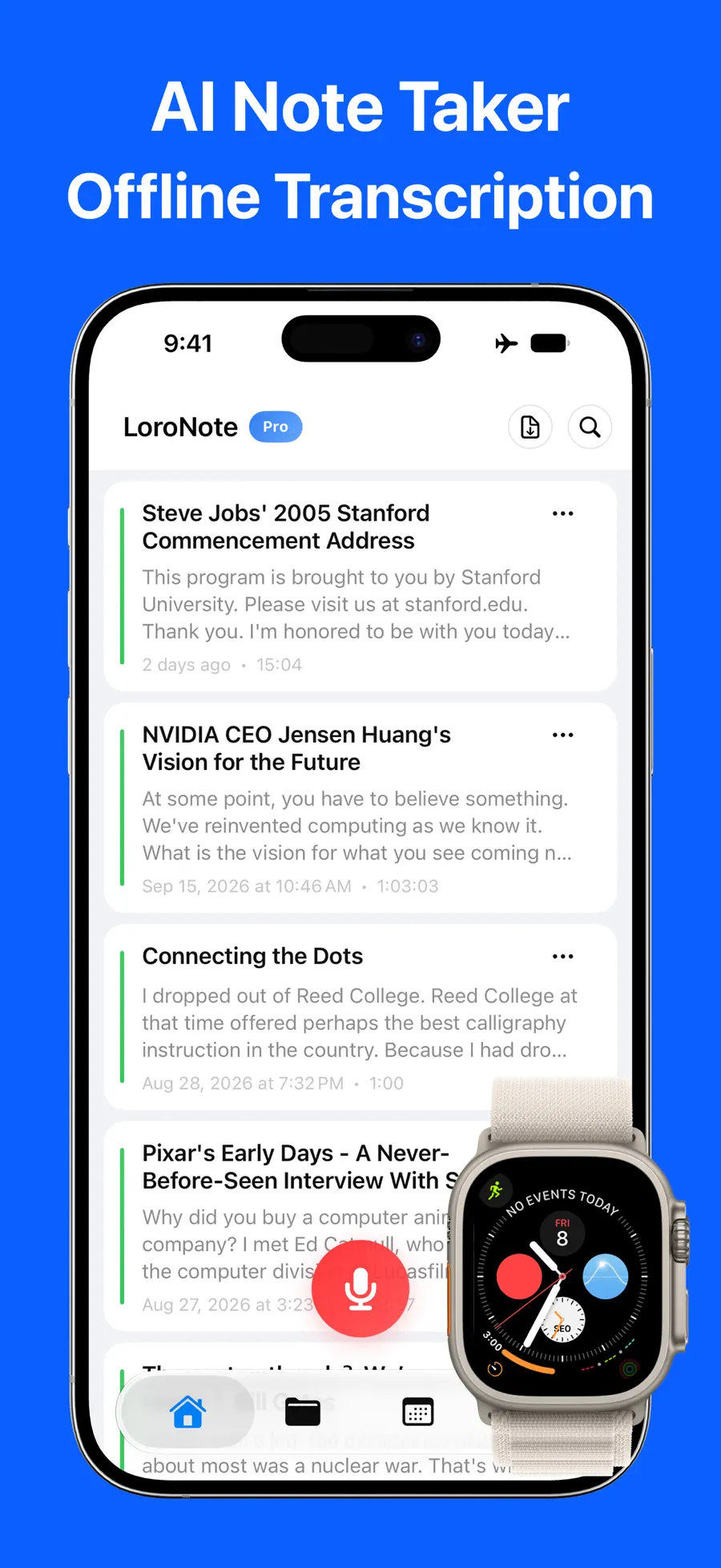 LoroNote - Speech to Text app screen on iPhone