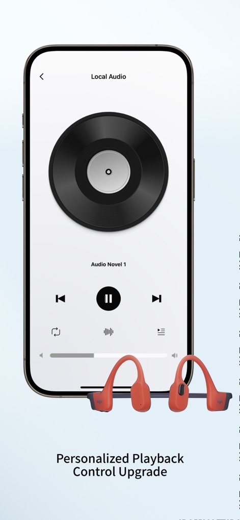 Shokz - Hier wird die verbesserte Wiedergabesteuerung präsentiert, die eine ansprechende Vinyl-Record-Grafik und intuitive Bedienelemente wie Play/Pause für ein personalisiertes Hörerlebnis bietet.