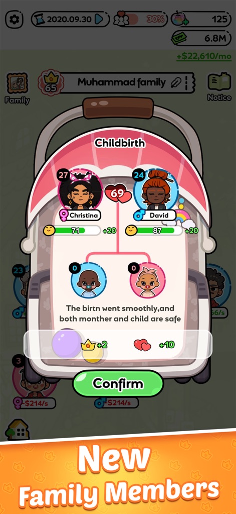 Family Go! - Lifetime Sim game - Esta herramienta presenta un evento de alumbramiento con los avatares de los padres y un botón para confirmar la llegada del nuevo bebé.