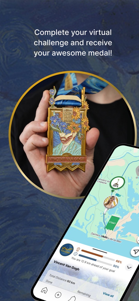 The Conqueror Challenges - Upon completing a challenge, users earn a stunning "Physical Commemorative Medal" while tracking their final strides on the "Interactive Route Map".