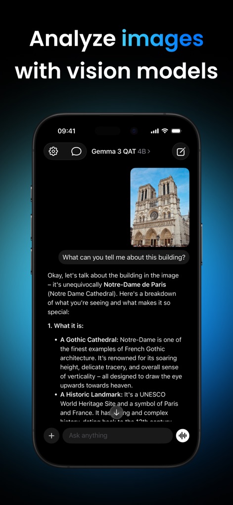 Locally AI - Local AI Chat - The app showcases its advanced vision capabilities, allowing users to upload an image and receive a detailed analysis, such as the comprehensive description of "Notre-Dame Cathedral" provided by the "Gemma 3 QAT 4B" model.