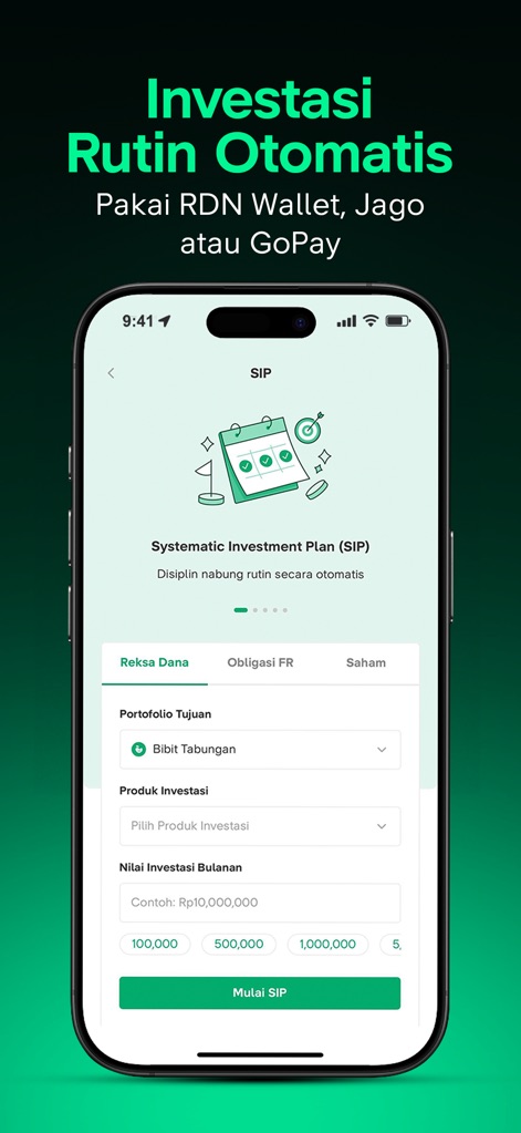 Bibit - Reksadana & Obligasi - Esta pantalla introduce el "Plan de Inversión Automático" (SIP), permitiendo a los usuarios programar contribuciones regulares y financiar sus inversiones fácilmente con métodos como 'GoPay'.