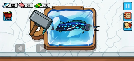 Catch and Feed - See how the app introduces the 'prepare' mechanic with a frozen fish on a cutting board, alongside essential resource counters for fish, meat, and money.