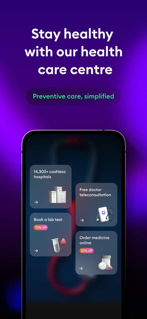 ACKO Insurance - The dedicated health section highlights access to '14,300+ cashless hospitals' and 'Free doctor teleconsultation', simplifying health management.