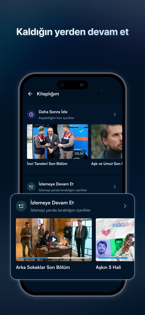 Kanal D - Watch Series & TV - Los usuarios pueden continuar viendo sus series desde donde las dejaron, gracias a una sección dedicada que muestra el progreso de títulos como "İnci Taneleri" y permite un fácil acceso al contenido guardado.