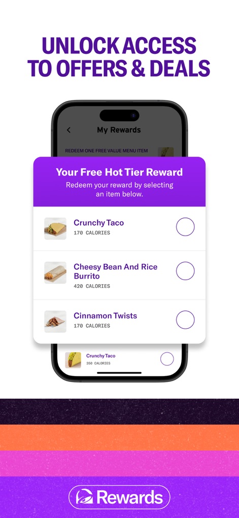 Taco Bell Fast Food & Delivery - Users can effortlessly claim their 'Your Free Hot Tier Reward' by choosing from popular items like the 'Crunchy Taco', clearly presented with its calorie count.