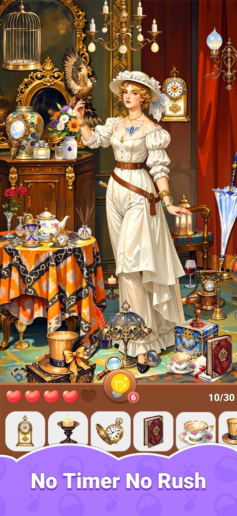 Hidden Quest: Seek & Discover - The app presents intricate Victorian-era settings, allowing players to meticulously search through ornate furniture and utilize the helpful hint icon.