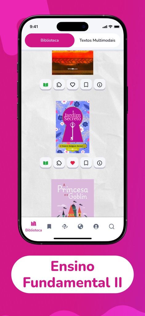 Elefante Letrado - Die App bietet eine reichhaltige Sammlung von Büchern, die in der "Biblioteca" übersichtlich dargestellt sind und durch Symbole für Interaktionen wie Favoriten und Lesezeichen ergänzt werden.