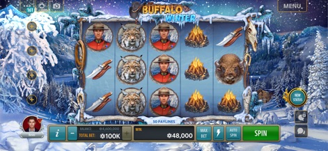 Jackpot Buffalo Slots - Experimente o tema "Buffalo Winter", que apresenta bobinas com paisagens nevadas e símbolos de lince e búfalo.