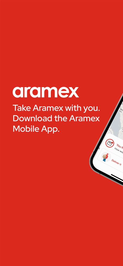 Aramex ارامكس - La aplicación Aramex invita a los usuarios a llevar la logística en su bolsillo, presentando el distintivo logo de Aramex y una previsualización de su mapa de seguimiento.