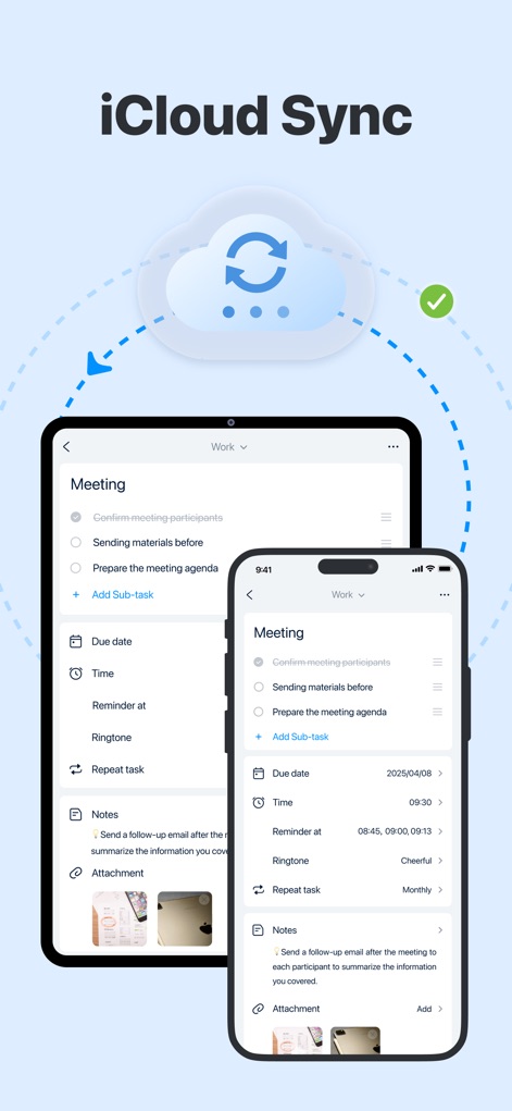 Todoery - Todo List & Reminder - The app ensures data consistency across devices with reliable 'iCloud Sync', keeping tasks updated on both iPad and iPhone.