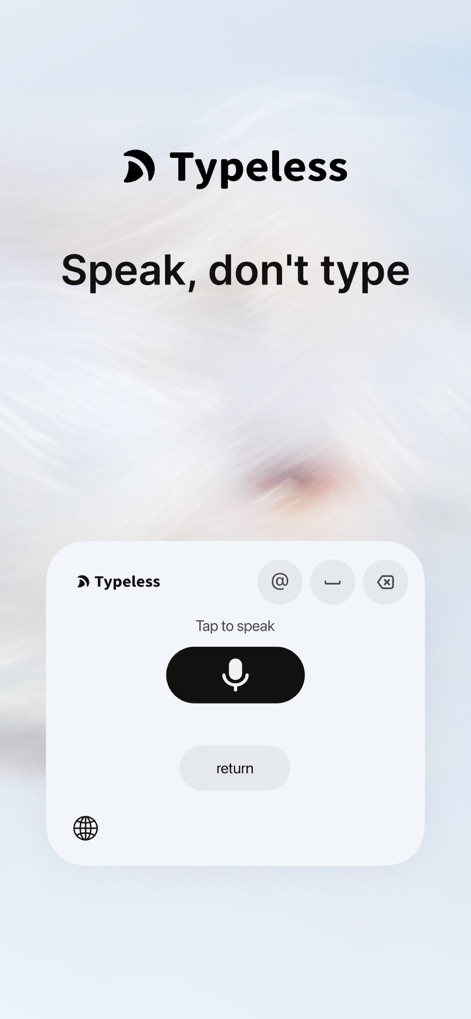 Typeless: AI Voice Keyboard - Cet outil transforme votre voix en texte de manière fluide. Les utilisateurs peuvent appuyer sur le bouton du microphone pour commencer à parler et voir la dictée intelligente en action.