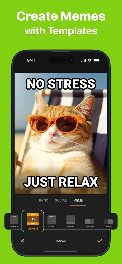 GIF Maker - Memes & GIFs - Esta tela demonstra a facilidade na criação de memes, com um exemplo de gato com óculos de sol e a opção de selecionar vários "Meme" templates para personalização.