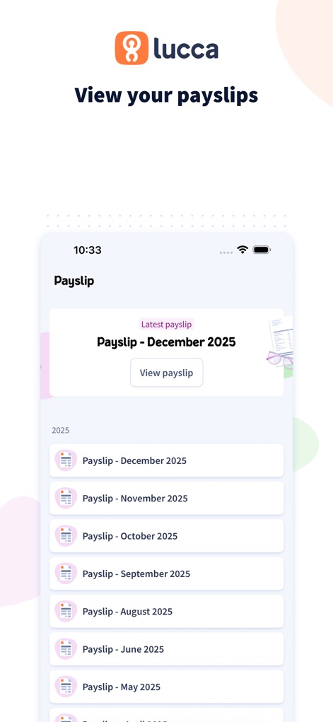 Lucca HR - L'application offre un accès sécurisé aux bulletins de salaire, avec le dernier disponible clairement affiché et une liste historique des fiches par mois pour une consultation facilitée.
