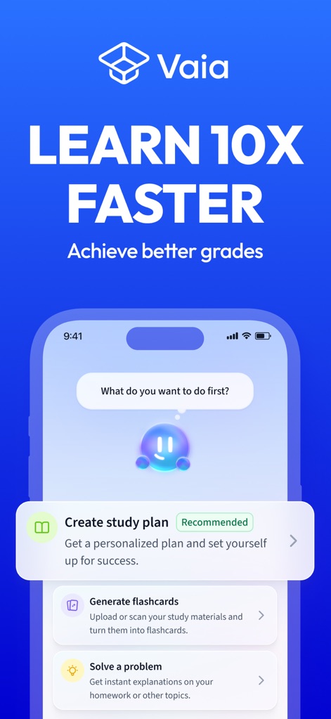 Vaia: AI Flashcards. Study App - L'application présente ses fonctions clés, telles que la création d'un plan d'étude personnalisé et la génération rapide de flashcards, pour une réussite académique accélérée.