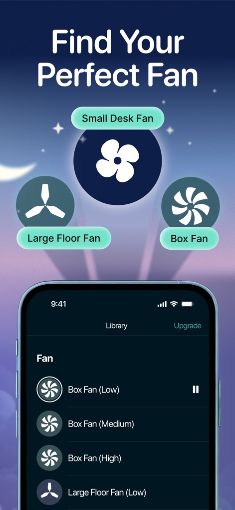 Bedtime Fan: White Noise Baby - Los usuarios pueden explorar una amplia selección de sonidos de ventilador, incluyendo opciones como "Small Desk Fan" y "Large Floor Fan", permitiendo personalizar la experiencia con diferentes intensidades de sonido.