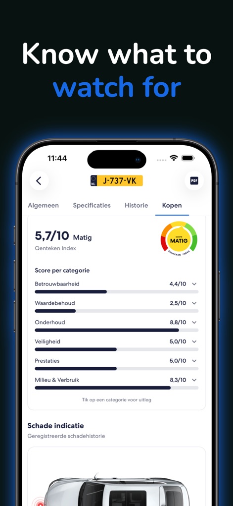 Qenteken - Kenteken Check - This tool provides a detailed Qenteken Index score across various categories like reliability and maintenance, complemented by a clear damage indication.