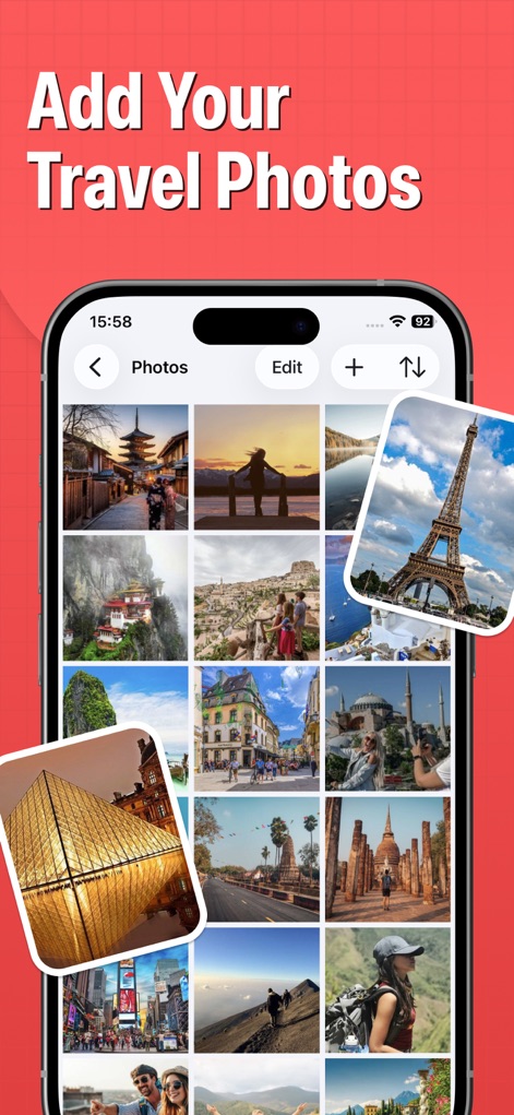 Pin Traveler: Track Travel Map - Observe how users can easily organize their travel memories within a dedicated photo gallery, featuring an intuitive grid layout and an accessible 'Add' button for new uploads.
