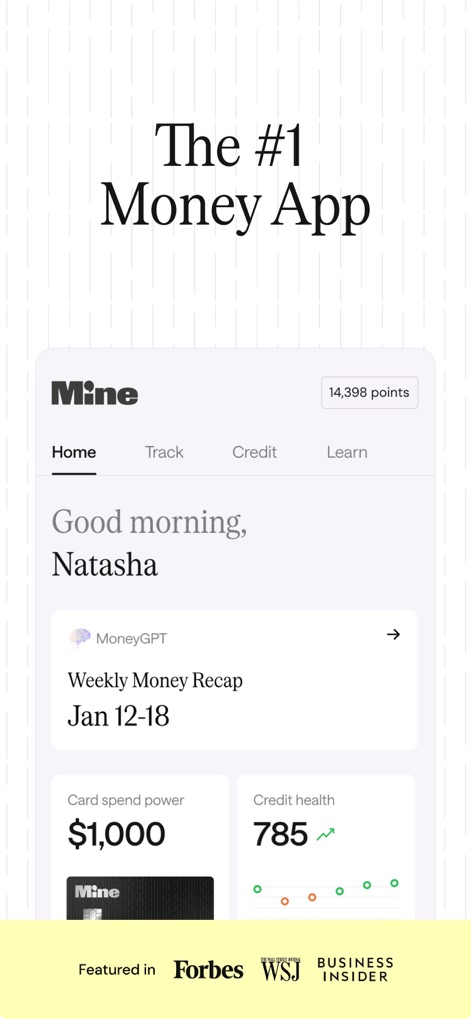 Mine (formerly Fizz): MoneyGPT - The app provides a personalized 'Good morning' greeting and highlights financial health metrics like 'Credit health' to keep users informed at a glance.