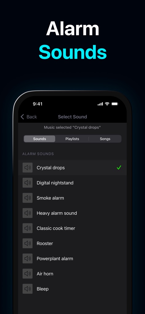 Alarm Clock HD - La aplicación ofrece una diversa colección de sonidos de alarma, como 'Crystal drops', que los usuarios pueden seleccionar para sus despertares.