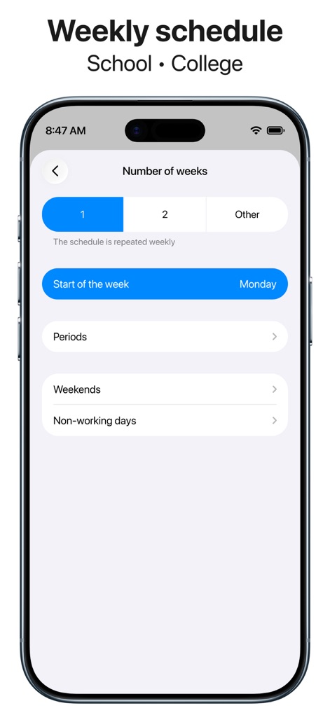 Smart Timetable: Study Planner - Os usuários podem configurar horários semanais definindo o número de semanas de repetição e personalizando o início da semana.