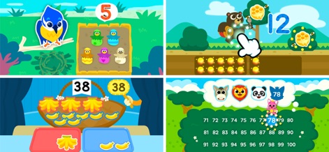 Pinkfong Numbers Zoo: Kid Math - この多機能な画面は、異なるゲームプレイで数字の学習を促進します。例えば、子供たちはクマと一緒に蜂の巣を数えたり、バナナを分類して数を認識する活動に取り組むことができます。