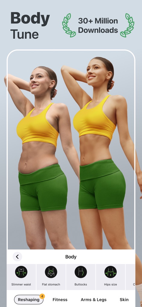 Retouch Me: Face, Body Editor - Die App demonstriert die Möglichkeit, die Taille zu verschlanken und den Po zu formen, um eine ideale Silhouette zu erzielen.