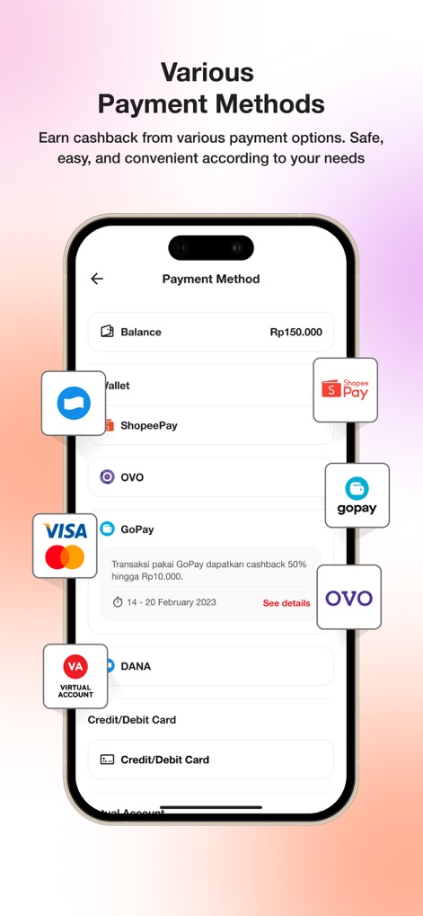 bima+ - Users can choose from a comprehensive list of popular "digital wallet" services like ShopeePay and GoPay, alongside traditional "Credit/Debit Card" options.