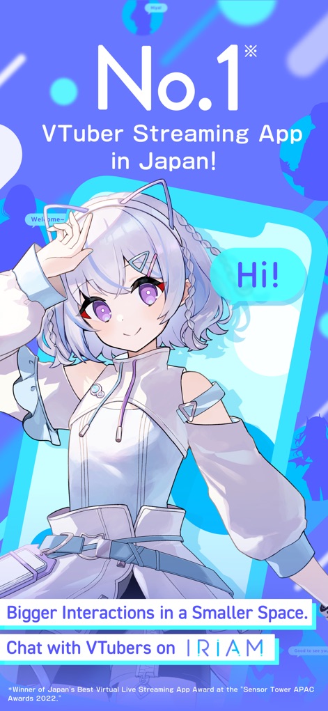 IRIAM - 이 앱은 'No.1 VTuber 스트리밍 앱'이라는 문구와 친근하게 손을 흔드는 가상 캐릭터를 통해 일본 내에서의 선두적인 위치를 명확히 보여줍니다.