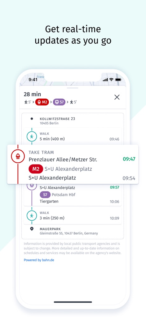 HERE WeGo Maps & Navigation - Nutzer profitieren von Echtzeit-Updates für den öffentlichen Nahverkehr und sehen eine detaillierte Verbindungsübersicht, die Gehminuten zu Haltestellen und genaue Umstiege klar darstellt.