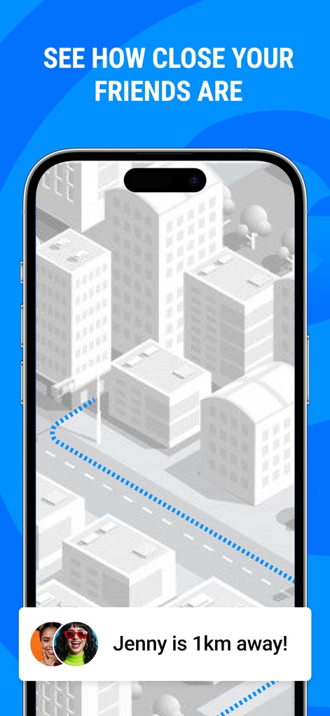 Me - Caller ID & Spam Blocker - Visualice la ubicación relativa de sus amigos en un mapa estilizado de la ciudad, recibiendo notificaciones precisas que indican distancias como "Jenny is 1km away!".
