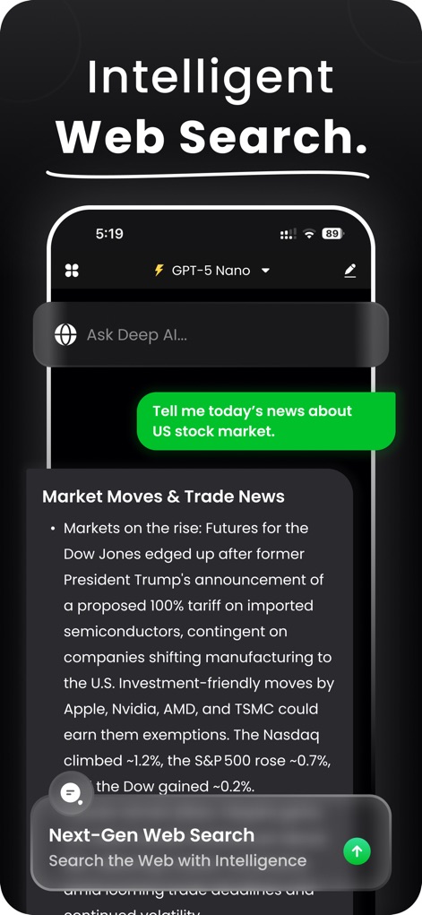 Gronk AI - DeepGronk AI Chat - This feature illustrates how the app performs next-gen web searches, providing concise market news updates and intelligent AI responses to complex queries.