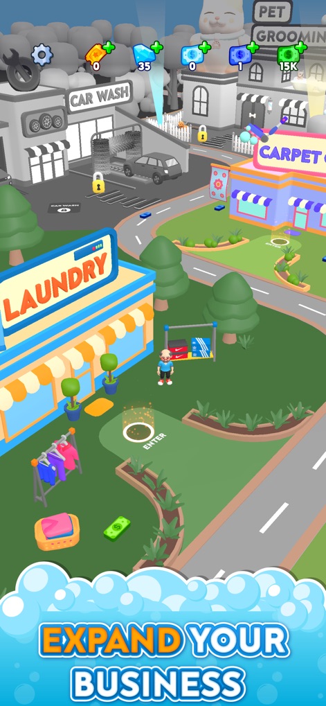 Laundry Rush - Idle Game - Visualize the expansive city map, revealing diverse business buildings like the core Laundry and the Car Wash, ripe for development.