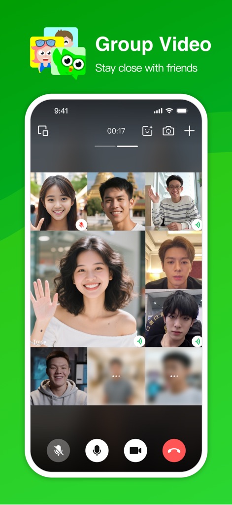 ZegoChat - Users can stay close with friends through intuitive group video calls, displaying multiple participants in a grid view and accessible on-screen controls for mute/unmute.
