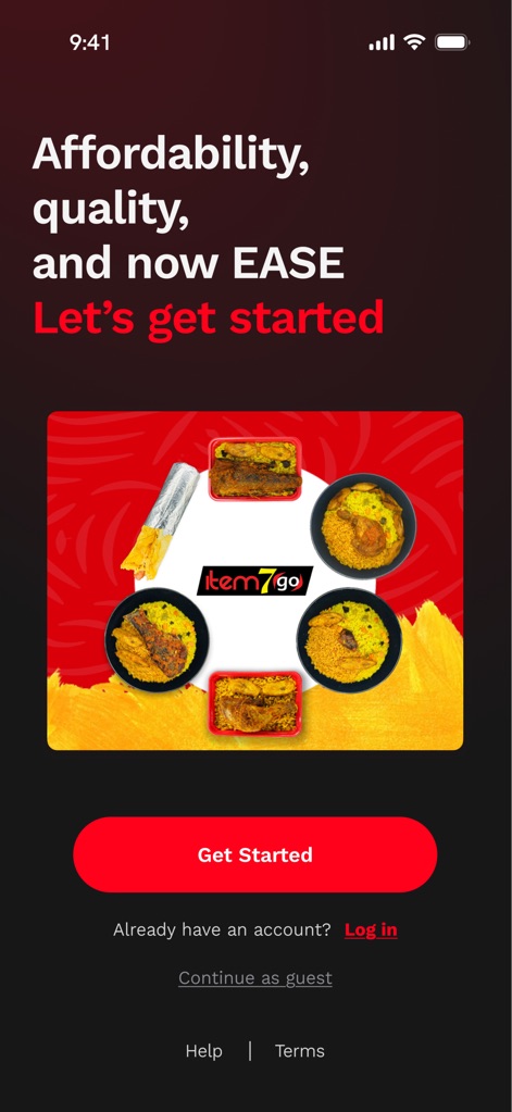 Item7go - La pantalla de inicio da la bienvenida a los usuarios con un mensaje que resalta la facilidad de uso y presenta imágenes apetitosas de los platos disponibles para despertar el interés.