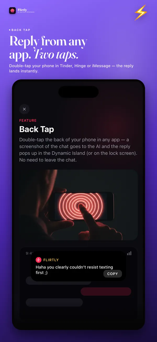Flirtly AI Back Tap quick reply setup screen