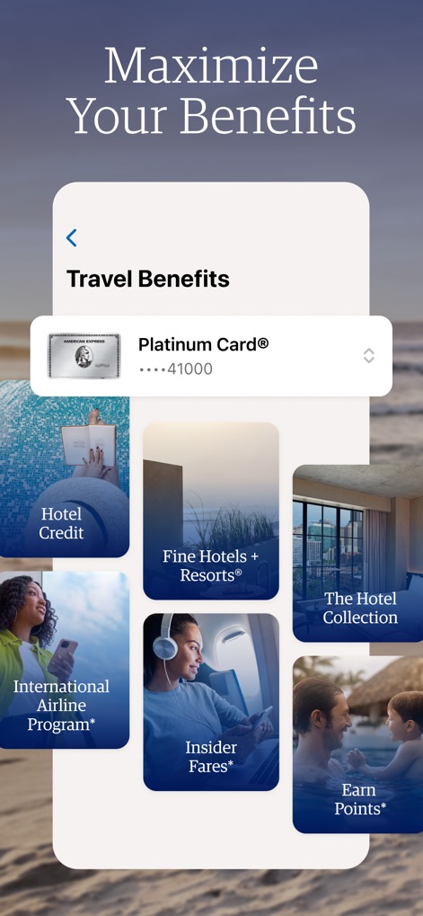 Amex Travel - The app clearly displays the user's "Platinum Card®" benefits, offering direct access to exclusive programs like "Fine Hotels + Resorts®" and "Hotel Credit".